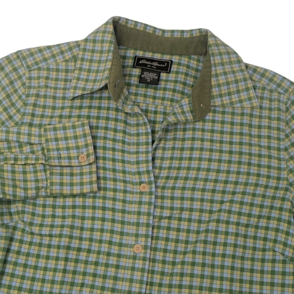Eddie Bauer Mens Tall Medium Green Blue Plaid Cotton Button Down Collar Shirt